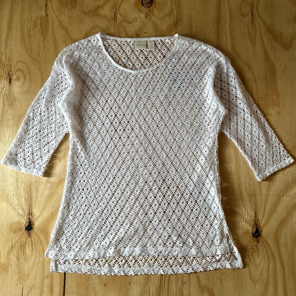 Chico's White Open Knit Crochet 3/4 Sleeve Top (Size Medium)